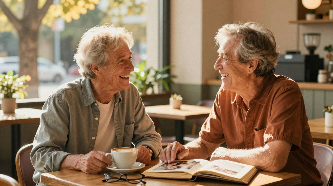 Dois homens idosos sorridentes a conversar num café, com um livro aberto à sua frente.