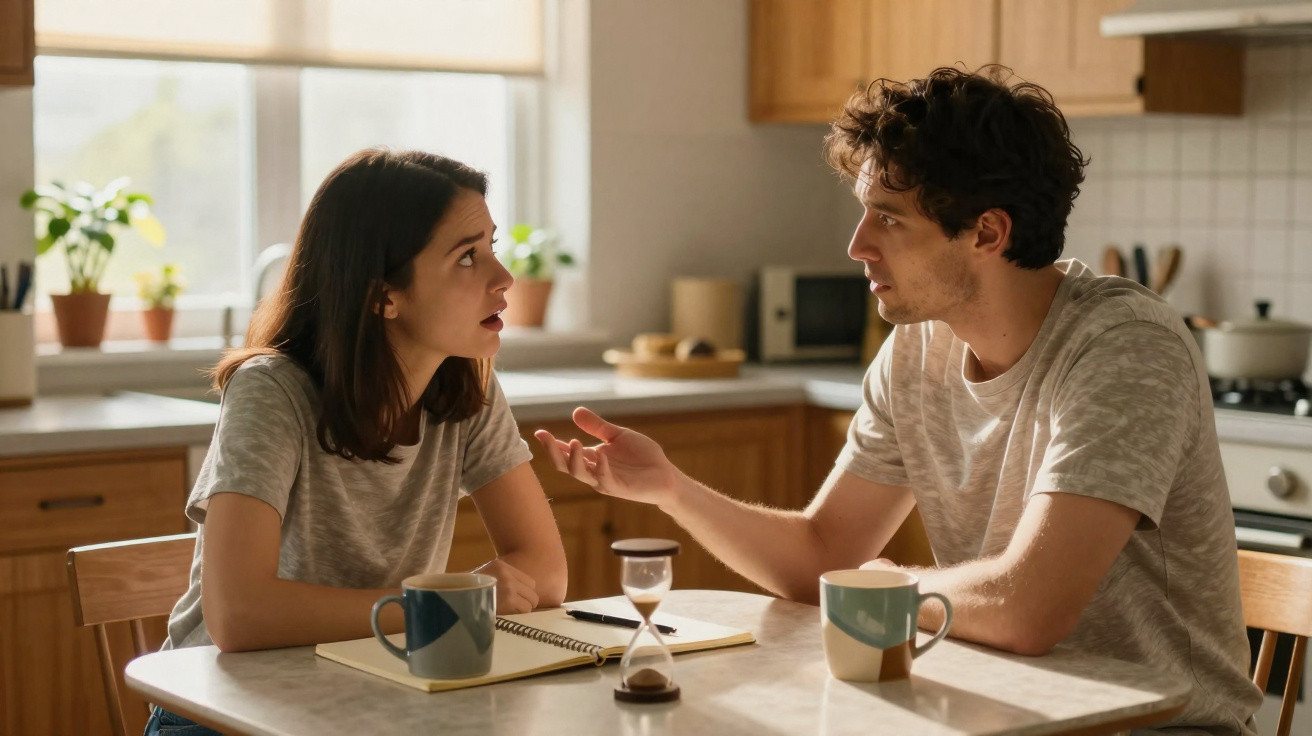Casal sentado à mesa da cozinha a discutir com expressão séria, com caderno, ampulheta e chávenas à frente.