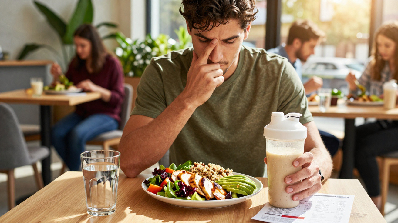 Homem pensativo a almoçar uma salada saudável e a segurar um batido num restaurante iluminado.