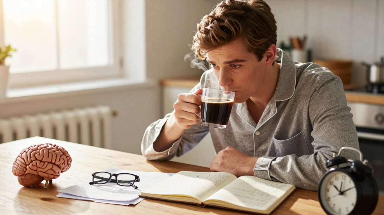 Homem a beber café enquanto lê um livro, com modelo de cérebro e despertador na mesa iluminada pela janela.