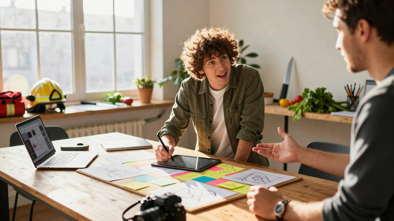 Duas pessoas a colaborar numa mesa com desenhos, post-its coloridos e dispositivos digitais num escritório iluminado.