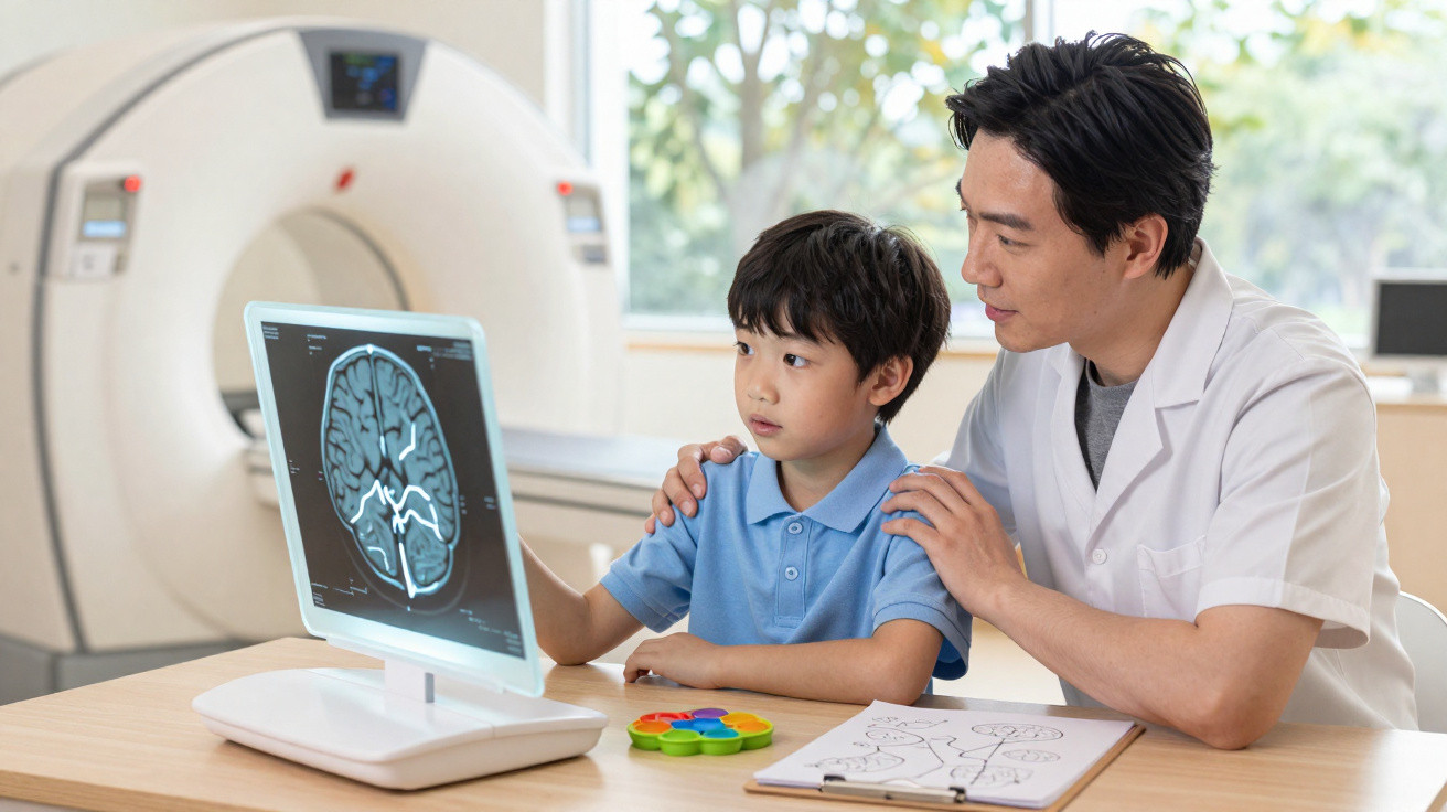 Médico explica exame cerebral a menino sentado junto a máquina de ressonância magnética num consultório.