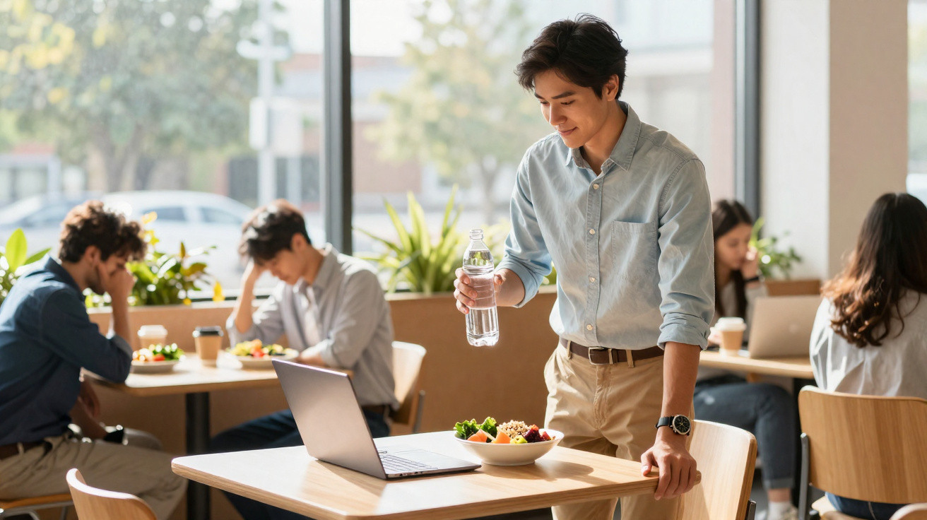 Jovem com camisa azul e calças castanhas a segurar garrafa de água junto a mesa com computador e salada num café.