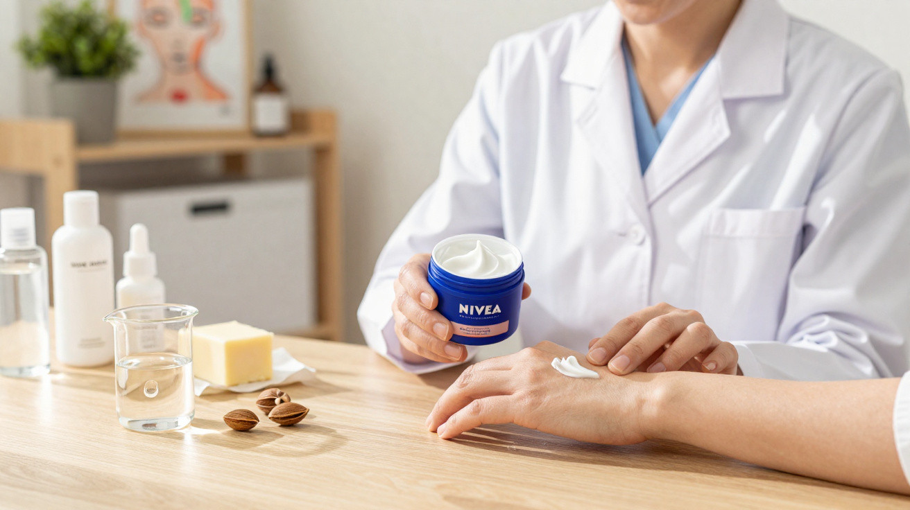 Profissional aplica creme Nivea em pele de cliente num ambiente clínico com frascos e nozes na mesa.
