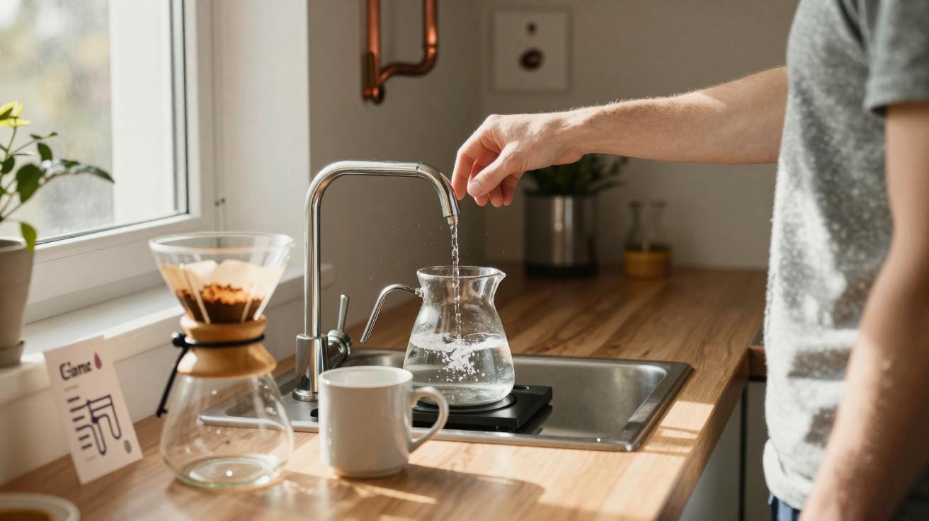 Pessoa a encher um jarro de vidro com água na cozinha, com cafeteira e chávena na bancada.