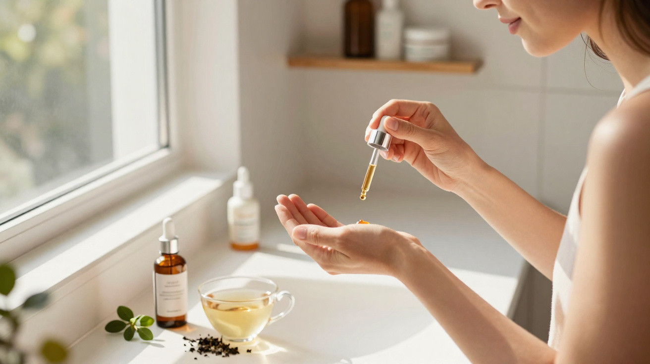 Mulher a aplicar sérum facial com conta-gotas junto a janela com chá e frascos de cosméticos.