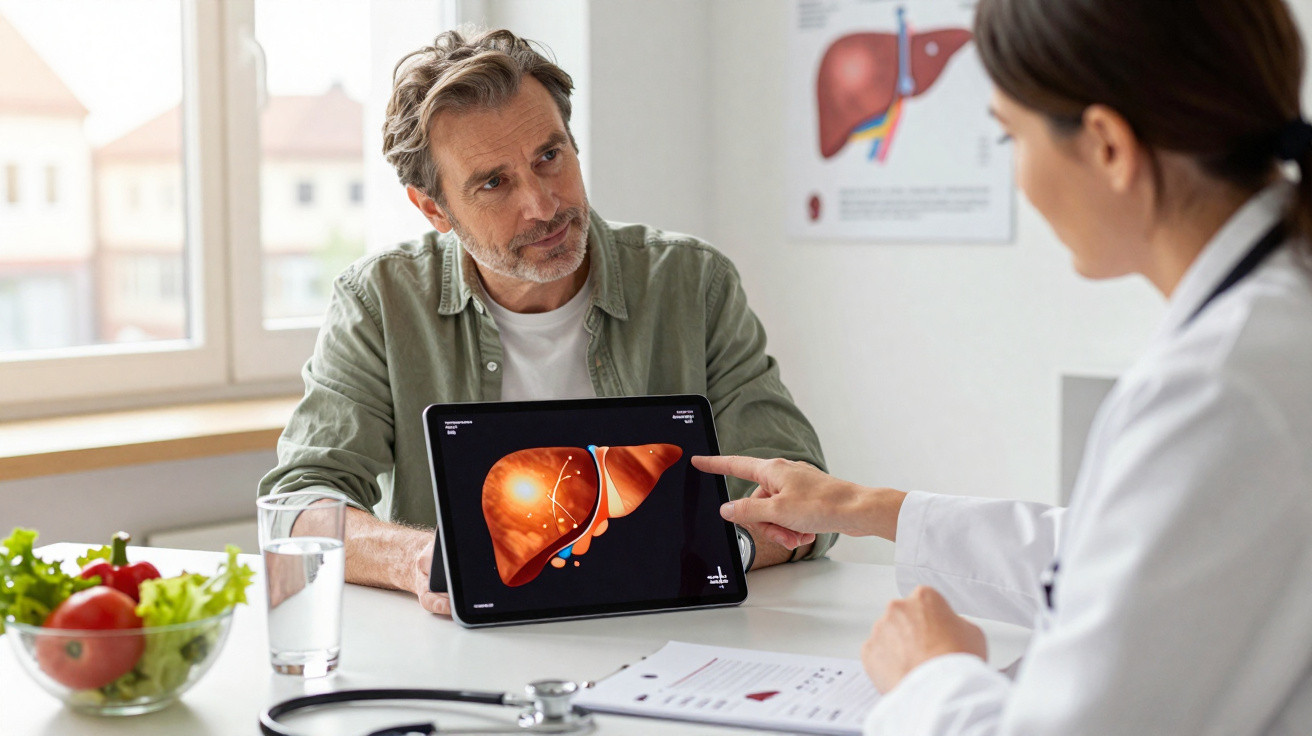 Médica explica a imagem de um fígado num tablet a um paciente sentado numa consulta.