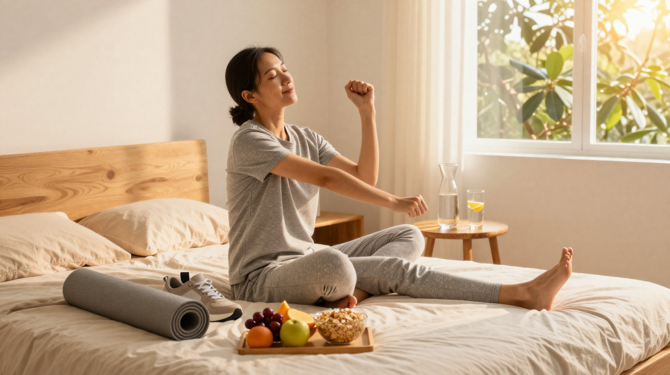 Mulher a alongar-se sentada na cama com frutas, cereal e garrafa de água ao lado, luz natural na janela.