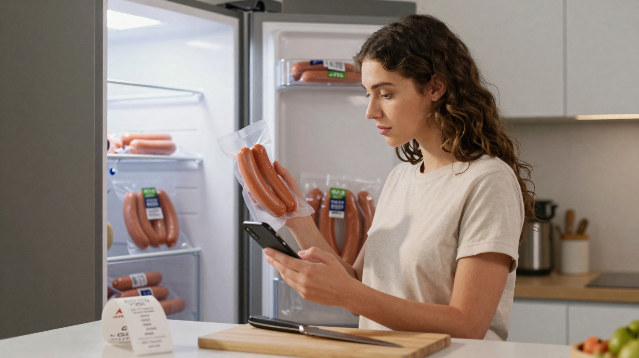 Mulher a comparar pacotes de salsichas na mão com informação no telemóvel na cozinha.