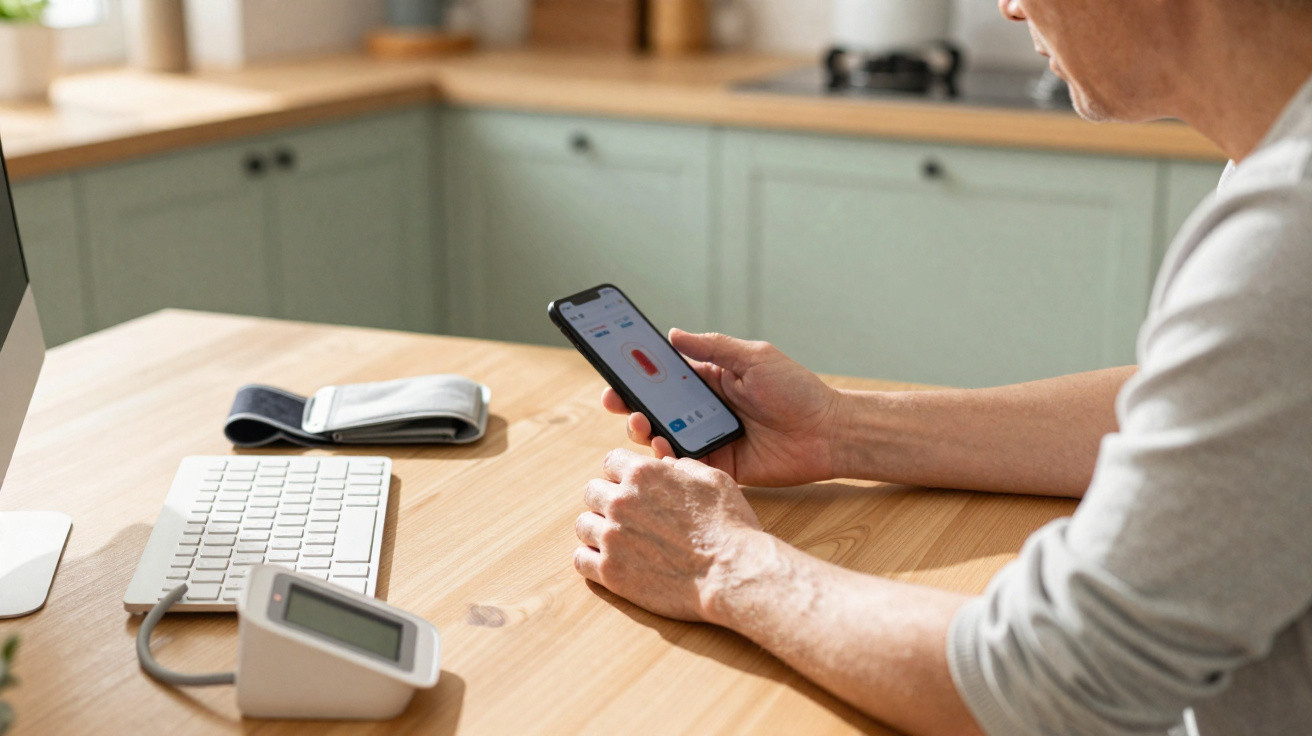 Pessoa a medir pressão arterial com dispositivo digital na cozinha e a verificar resultados no telemóvel.