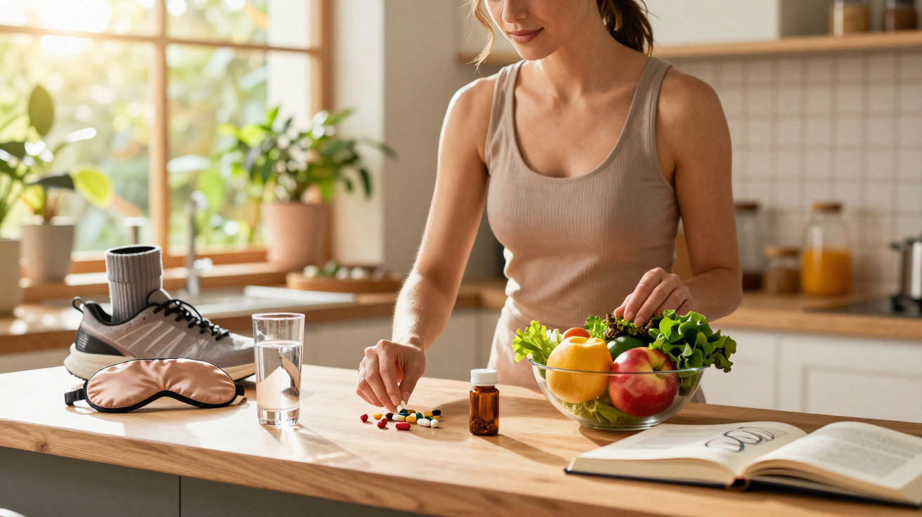Mulher numa cozinha a escolher suplementos, com fruta, copo de água e ténis ao lado.