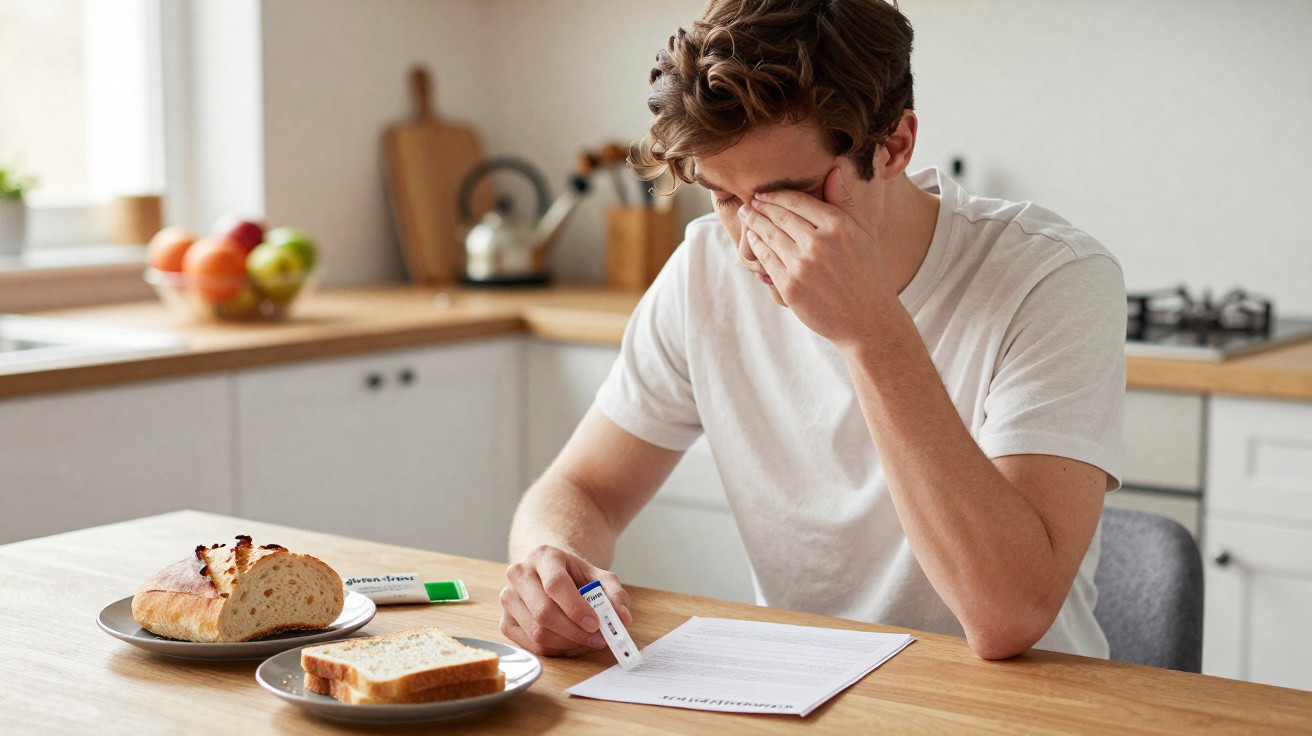 Homem sentado com teste de intolerância ao glúten e alimentos com glúten na mesa, aparenta preocupação.