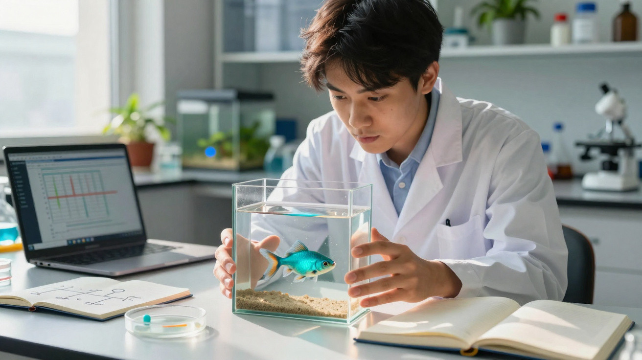 Cientista de bata branca observa atentamente um aquário com um peixe azul no laboratório.
