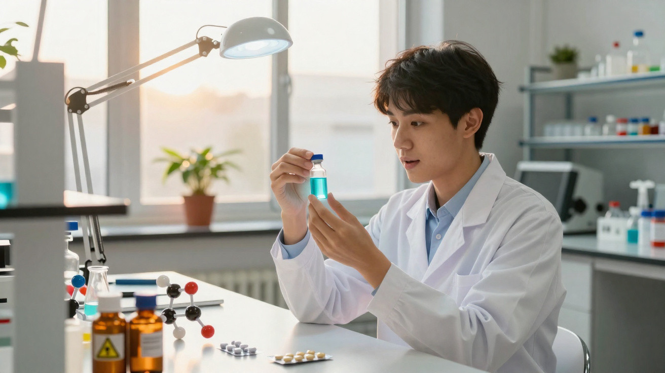 Cientista a examinar frasco com líquido azul num laboratório moderno e bem iluminado.