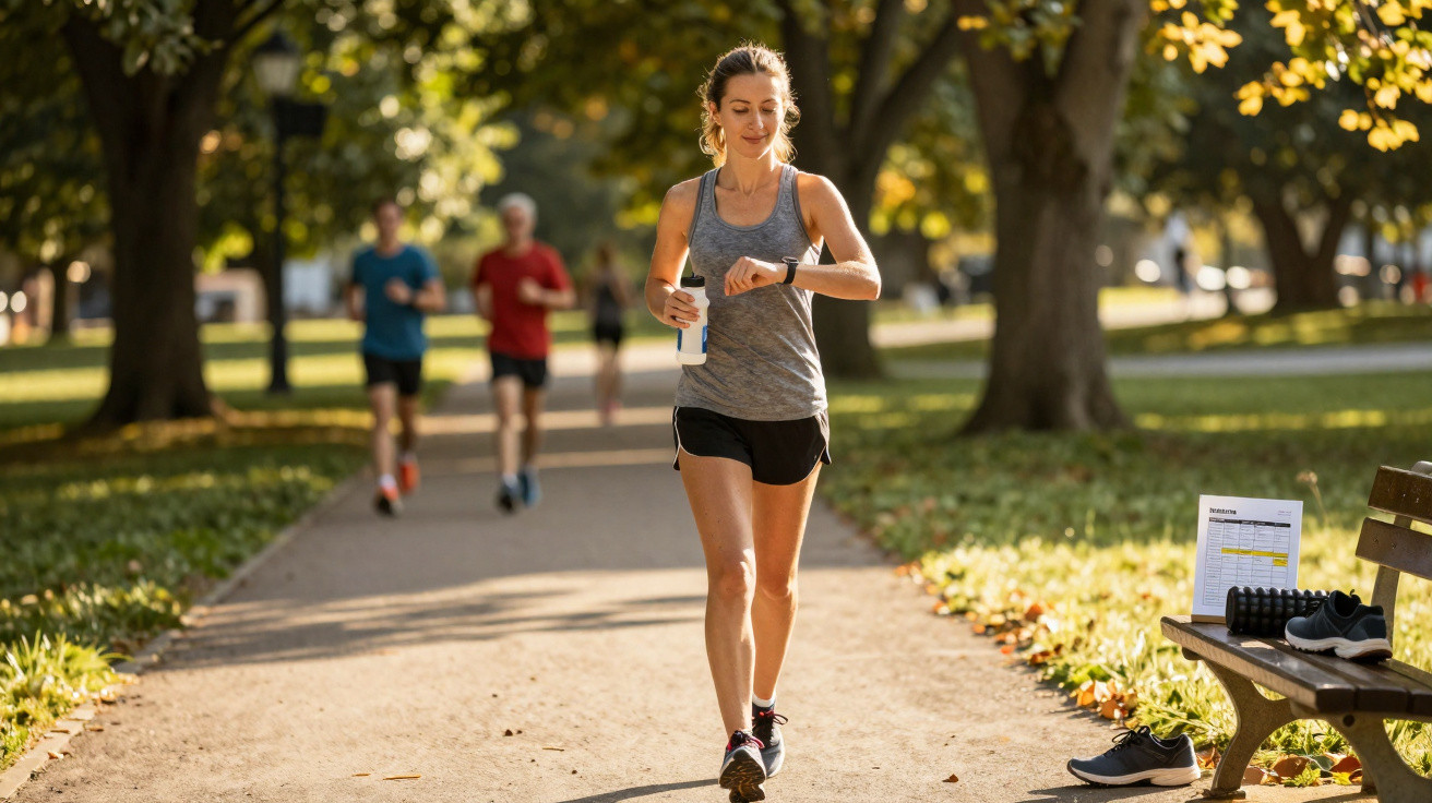 Mulher a correr num parque, a olhar para o relógio enquanto segura uma garrafa de água, com outras pessoas ao fundo.