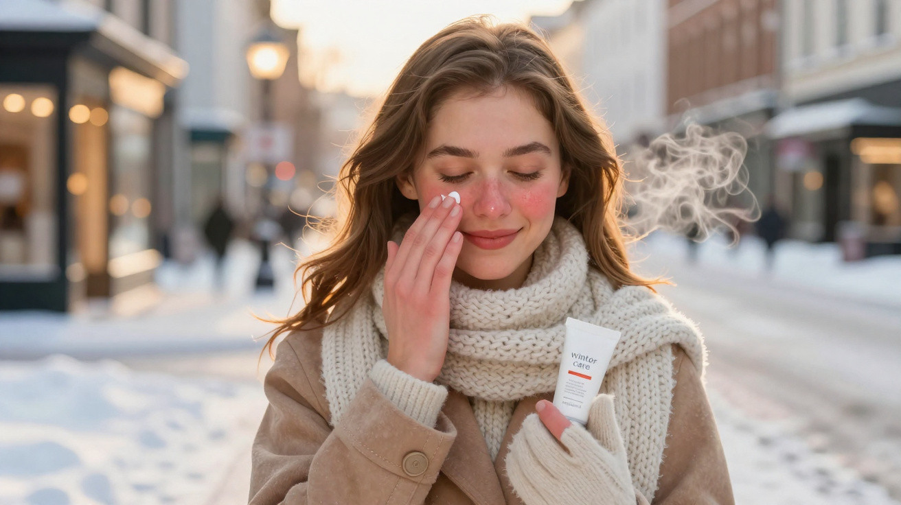 Mulher com cachecol e luvas aplica creme hidratante no rosto em dia frio e nevado na rua.