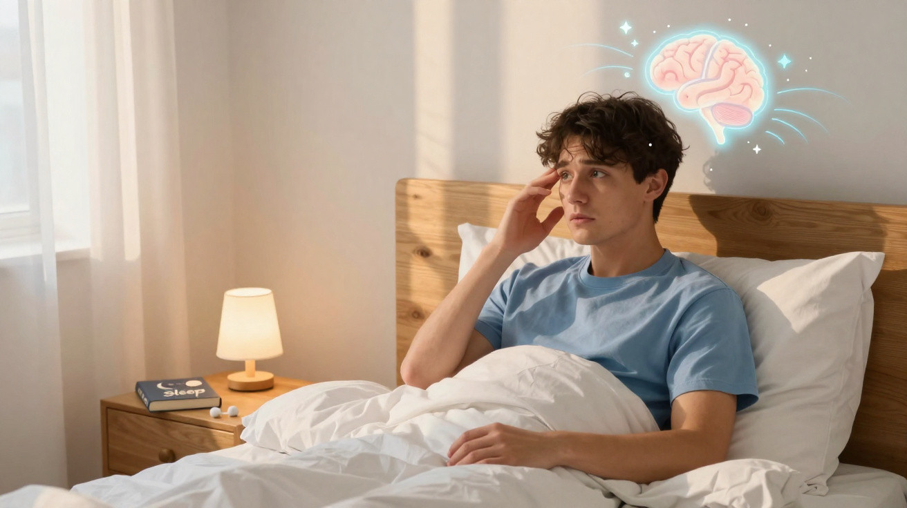 Homem sentado na cama com expressão pensativa e ilustração de cérebro iluminado acima da cabeça.