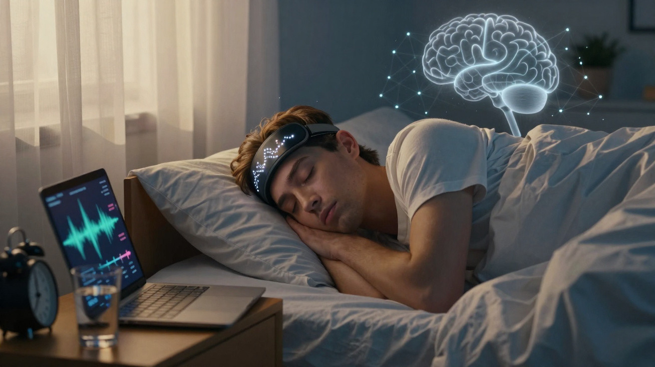 Homem a dormir numa cama com dispositivo tecnológico na cabeça a monitorizar atividade cerebral.