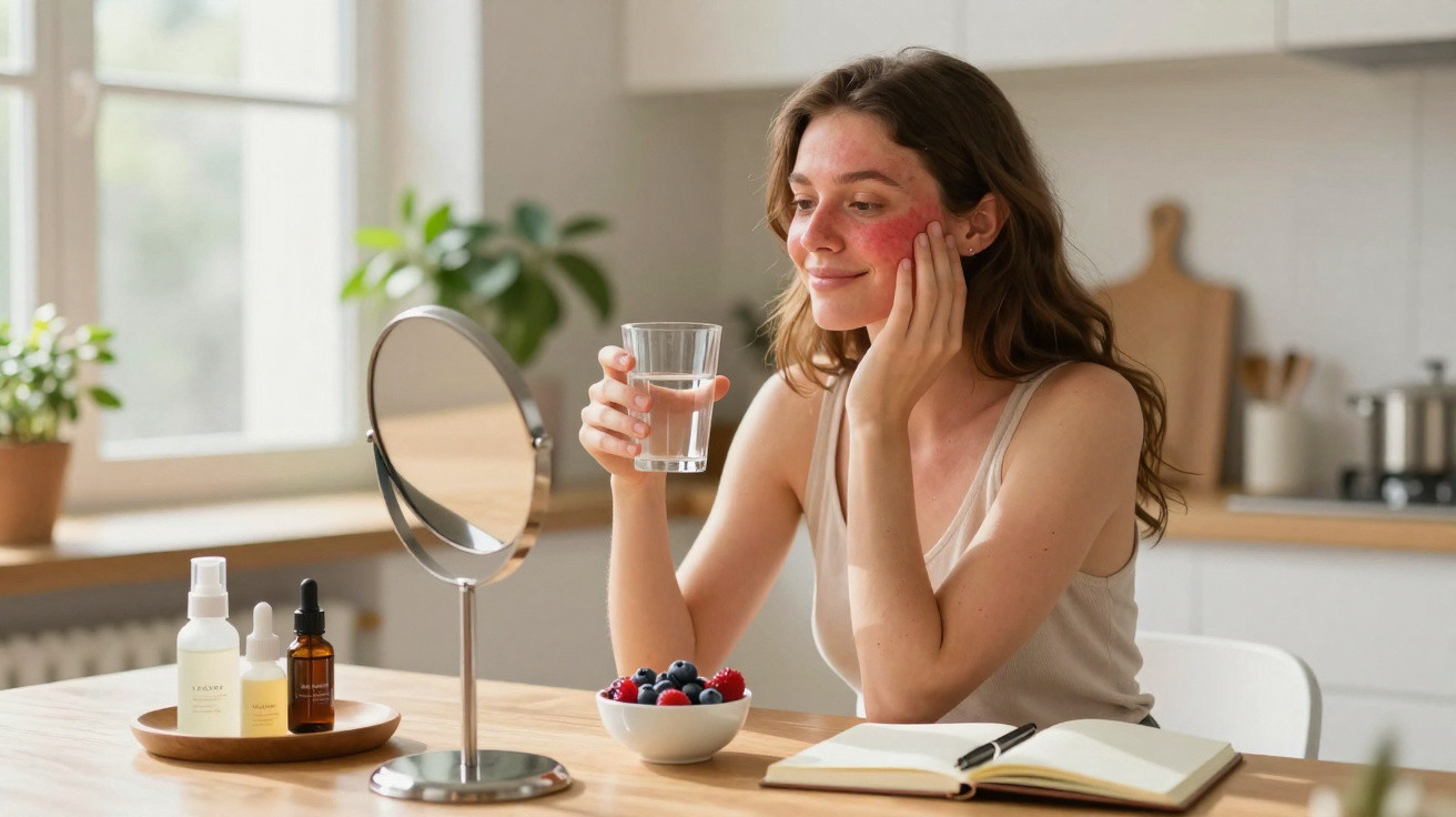 Mulher com vermelhidão facial aplica creme no rosto enquanto segura um copo de água à mesa iluminada.