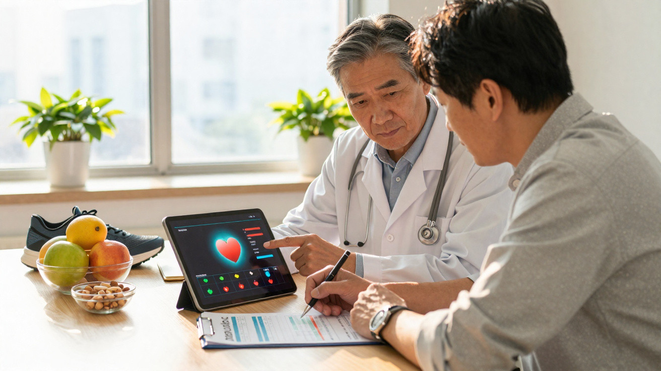 Médico mostra resultados de exame cardíaco num tablet a paciente durante consulta numa sala iluminada.