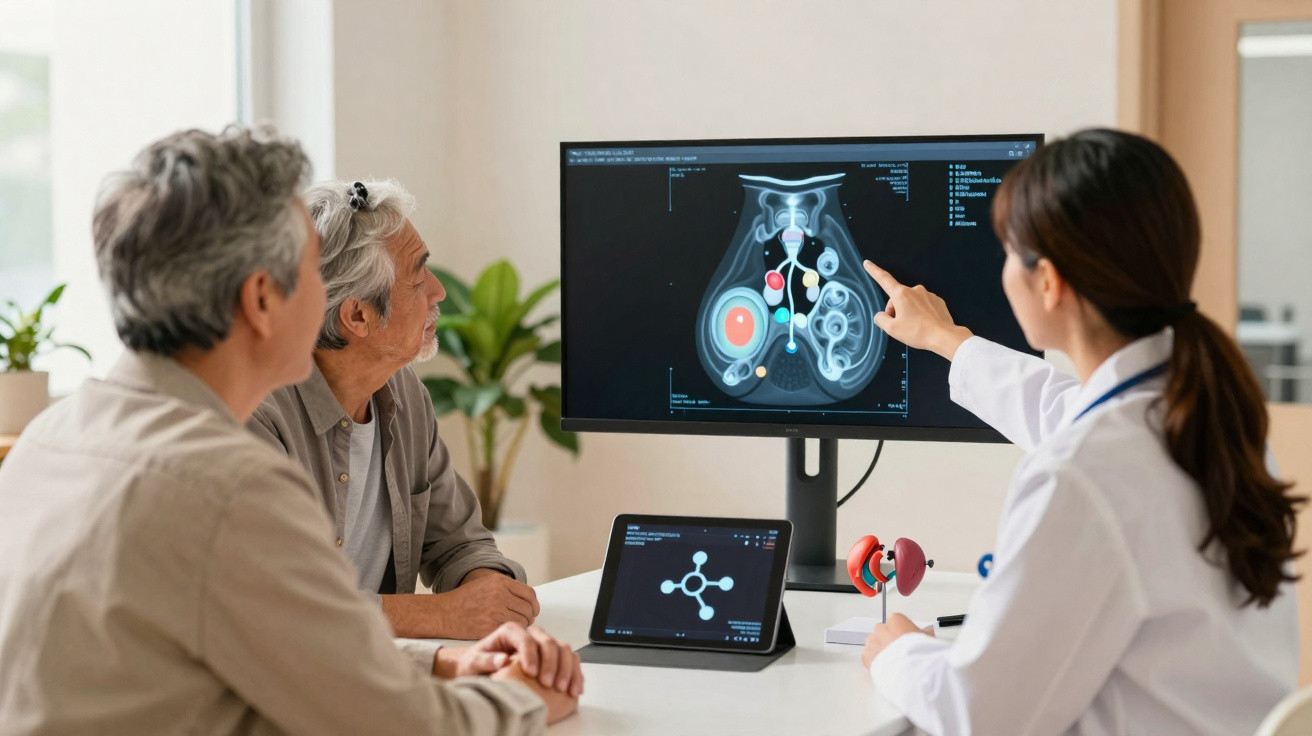 Médica a explicar imagem médica a dois idosos num consultório, com esquema anatómico de órgãos no ecrã.