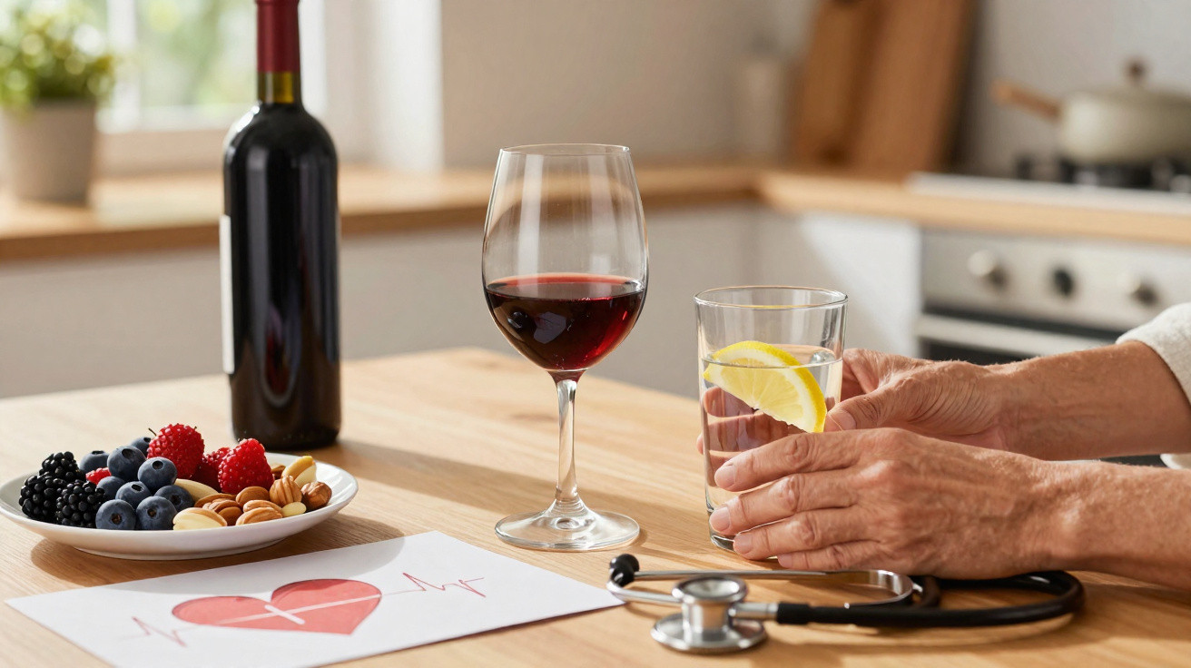Mesa com copo de vinho tinto, água com limão, frutos secos, bateria cardíaca desenhada e estetoscópio.