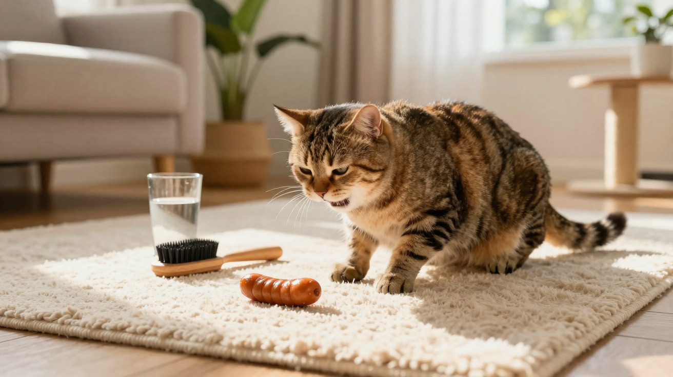 Gato listrado curioso observa uma salsicha numa carpete branca numa sala iluminada e acolhedora.