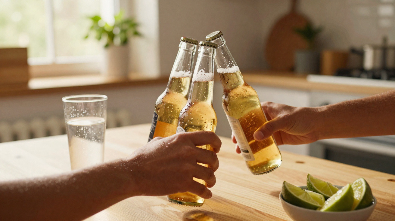 Duas pessoas brindam com garrafas de cerveja numa cozinha, ao lado de um copo de água e um prato com limão.
