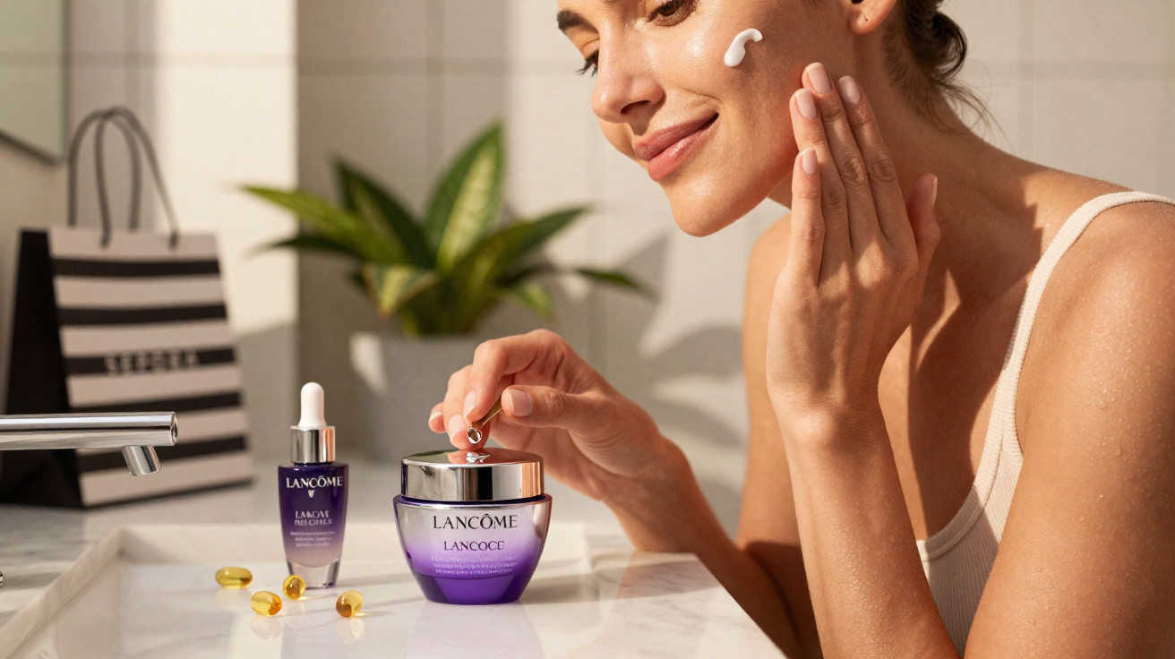 Mulher aplica creme no rosto ao lado de produtos de beleza Lancôme numa bancada de casa de banho.