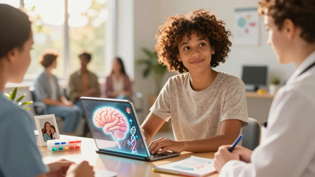 Jovem consulta médica com portátil mostra cérebro e estrutura de ADN num consultório iluminado.