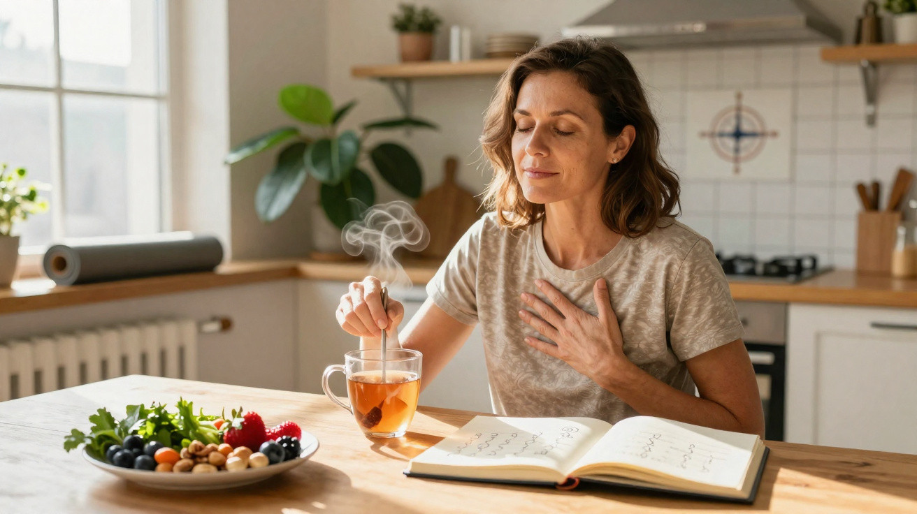 Mulher sentada na cozinha a saborear chá quente enquanto lê um livro, com fruta e frutos secos na mesa.