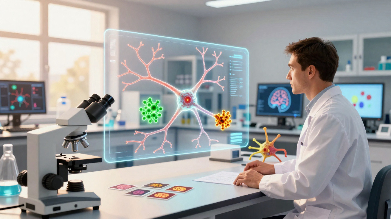 Cientista a analisar neurónios e vírus em laboratório moderno com microscópio e tecnologia digital.
