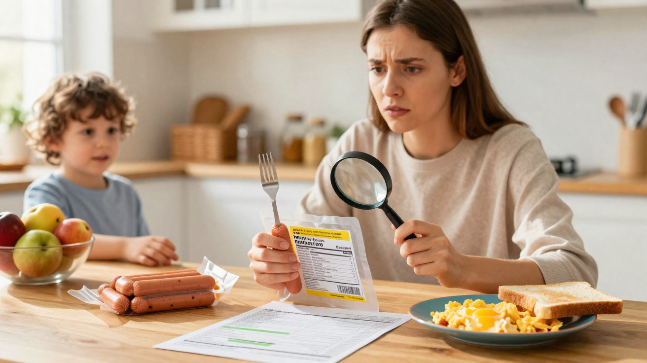 Mulher analisa rótulo alimentar com lupa enquanto criança observa, sentados à mesa de cozinha.