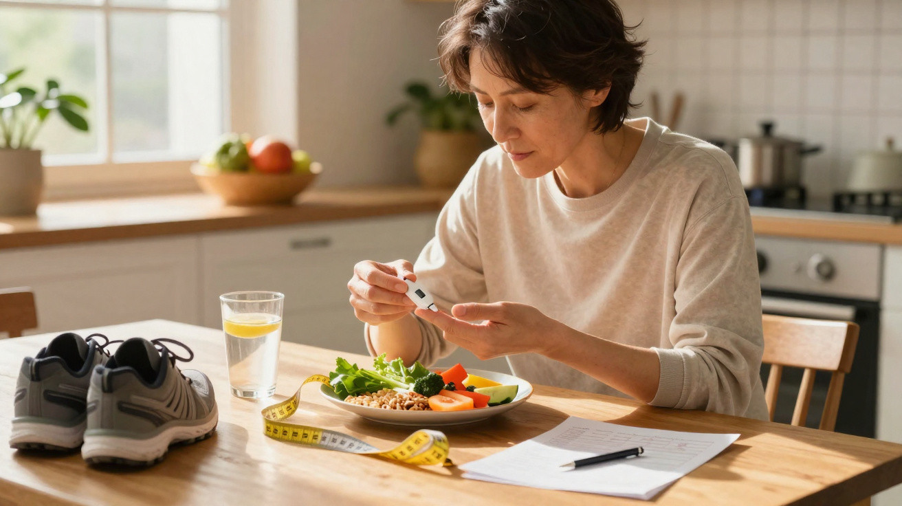 Mulher a medir a glicose no sangue enquanto está à mesa com prato de comida saudável na cozinha.