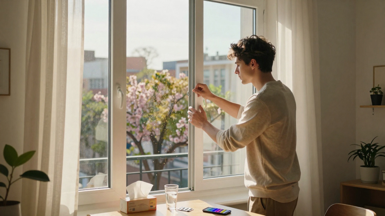 Homem abre janela para deixar entrar ar fresco num quarto iluminado com plantas e vista para árvore em flor.