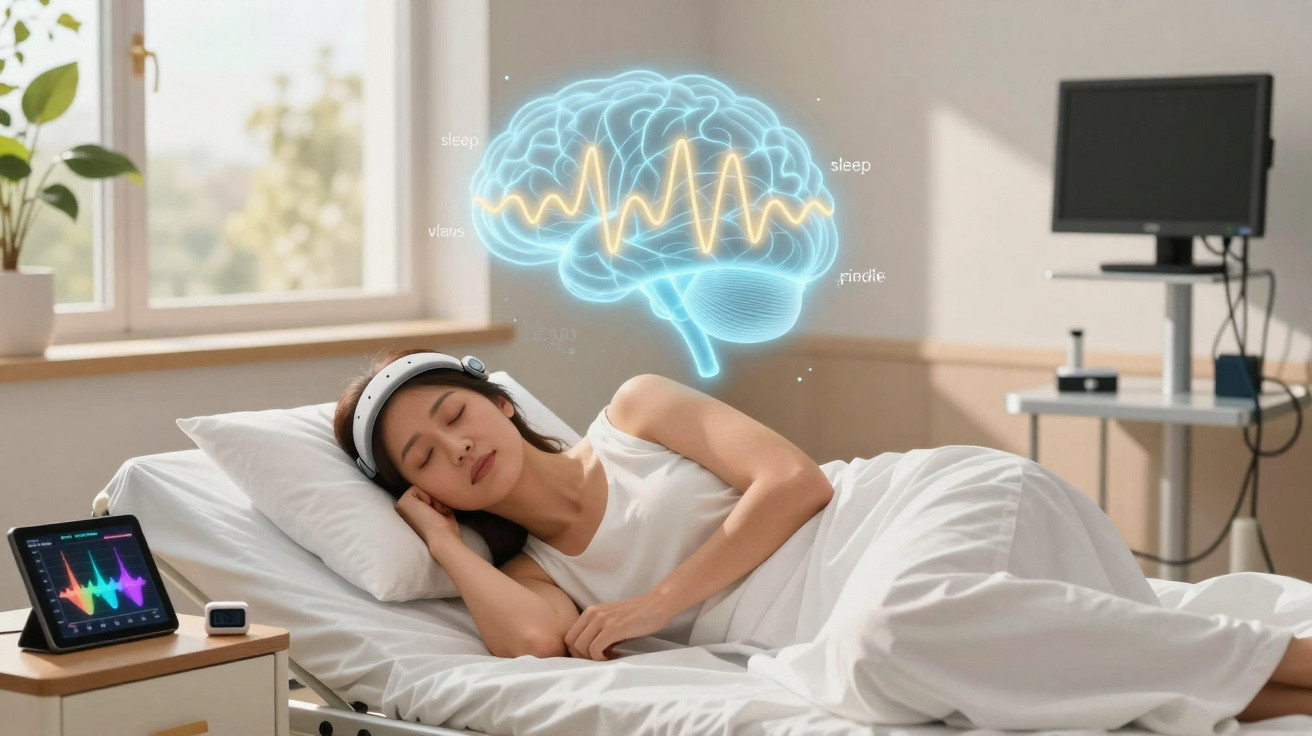 Mulher dorme na cama com dispositivo na cabeça e gráfico digital de atividade cerebral ao redor.
