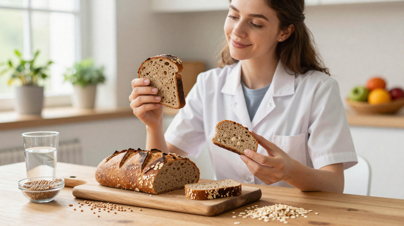 Mulher com bata branca segura fatias de pão integral à frente de uma mesa com pão, água e grãos.