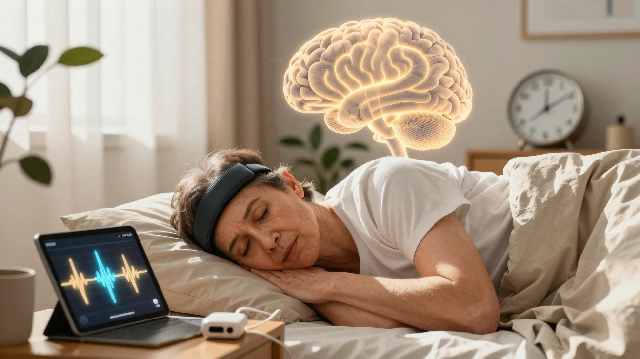 Mulher a dormir com faixa de monitorização cerebral, tablet mostra atividade cerebral e cérebro iluminado acima.