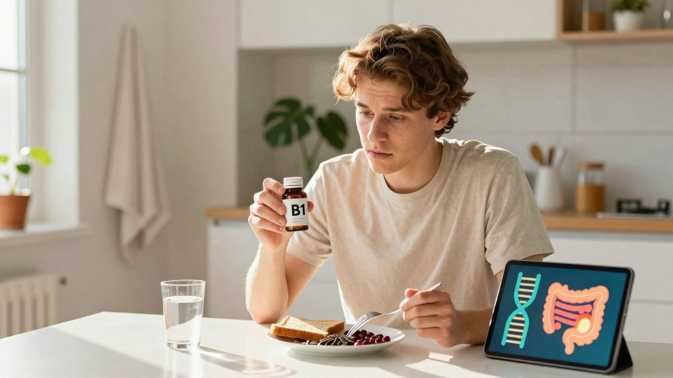 Jovem sentado à mesa, segurando suplemento B1, com comida e tablet a mostrar ADN e intestinos.