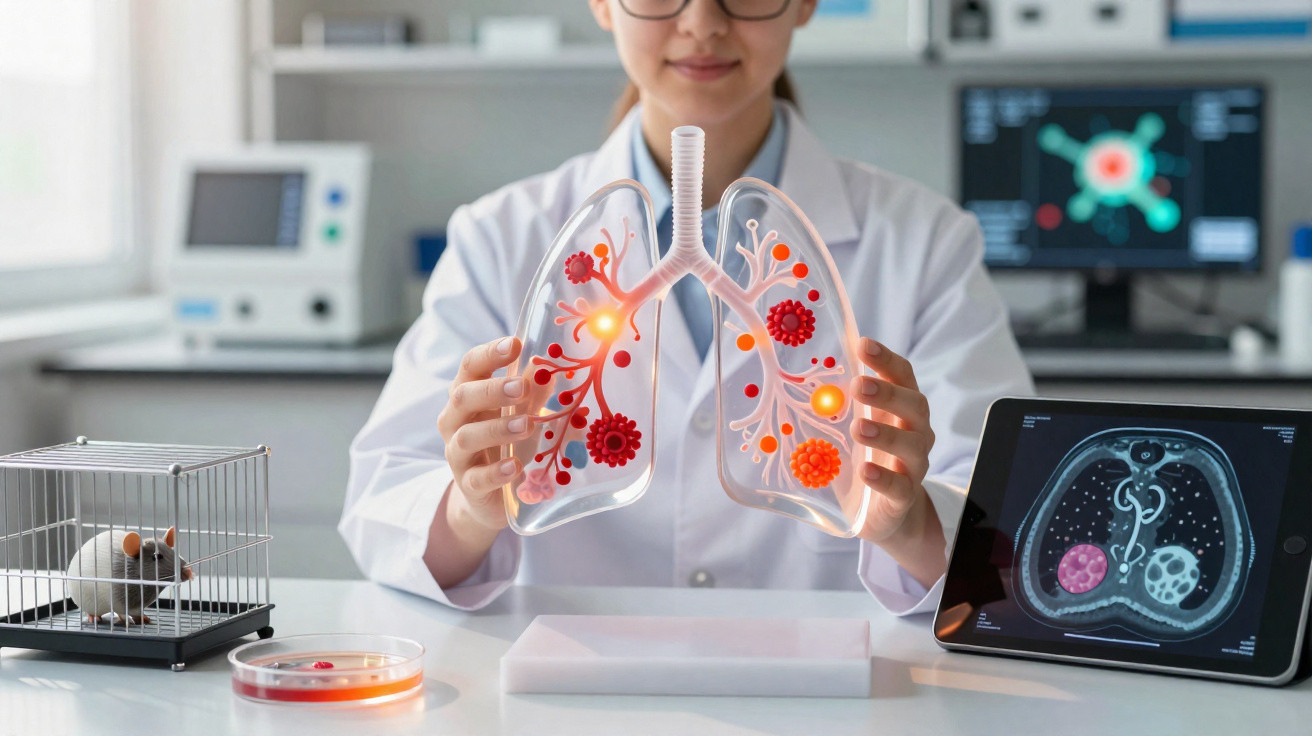 Cientista segura modelo dos pulmões com infecção, rato em gaiola e imagem digital de exame pulmonar em laboratório.