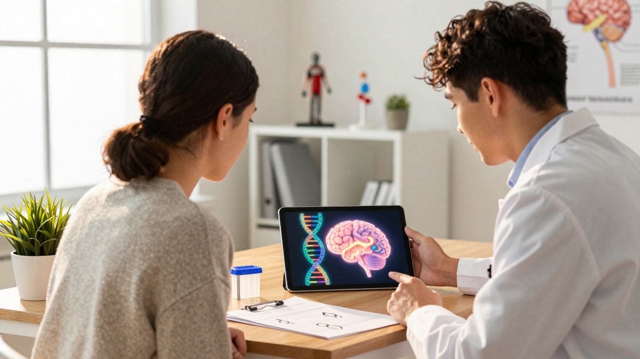 Médico a explicar imagens de cérebro e DNA a paciente numa consulta num escritório clínico.