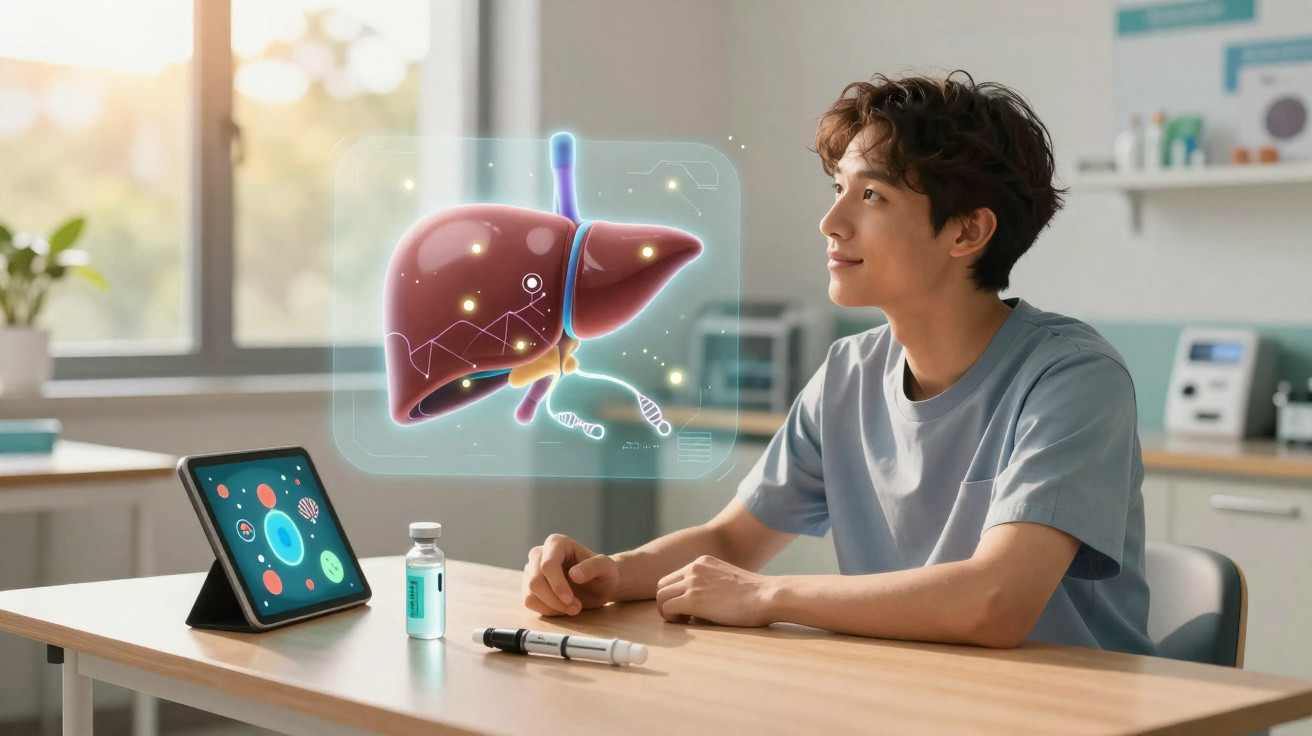 Jovem sentado à mesa com dispositivo, caneta médica e holograma de fígado projetado no ar à sua frente.