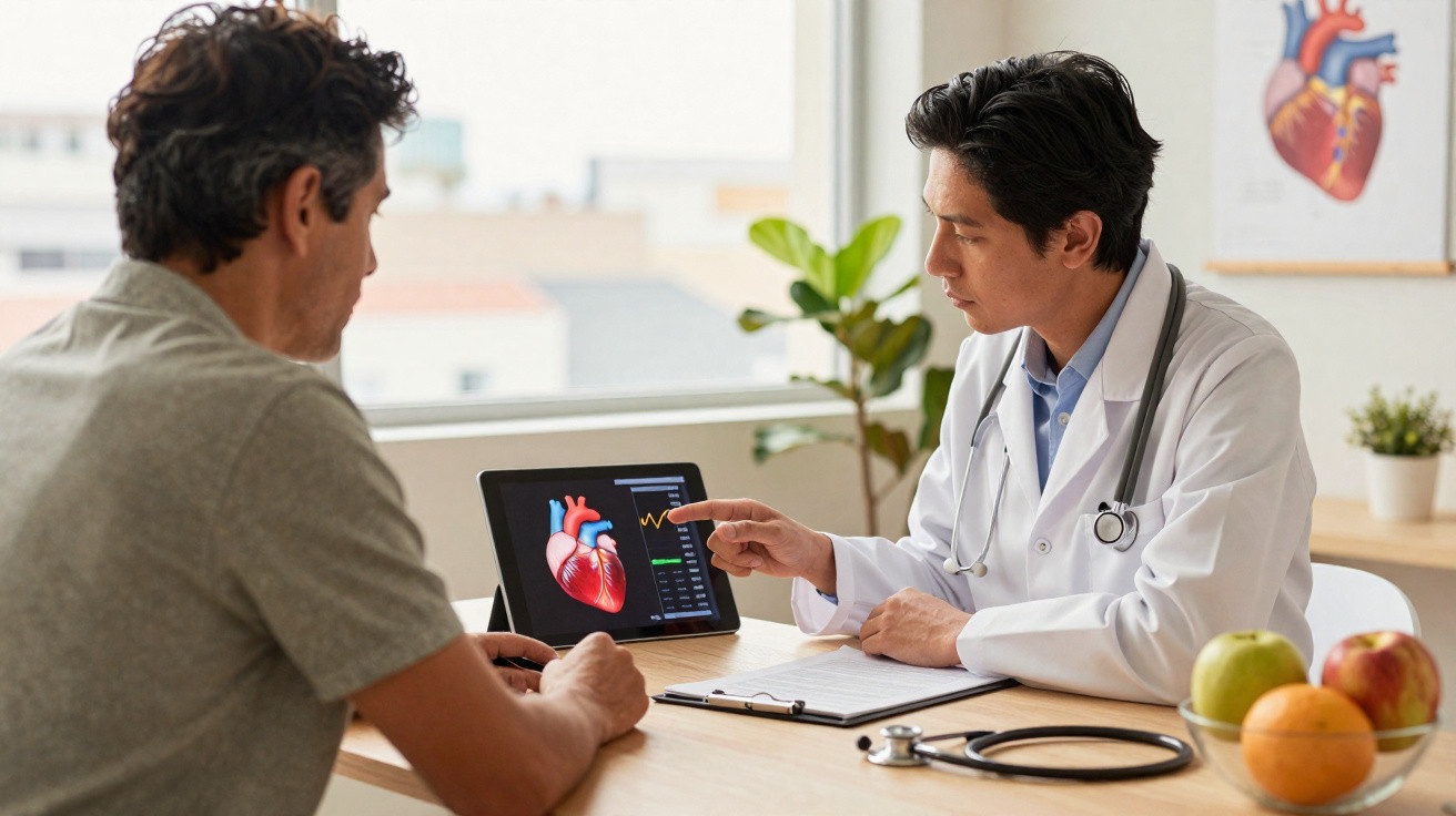 Médico a explicar resultados cardíacos a paciente em consulta, com tablet e estetoscópio sobre a mesa.