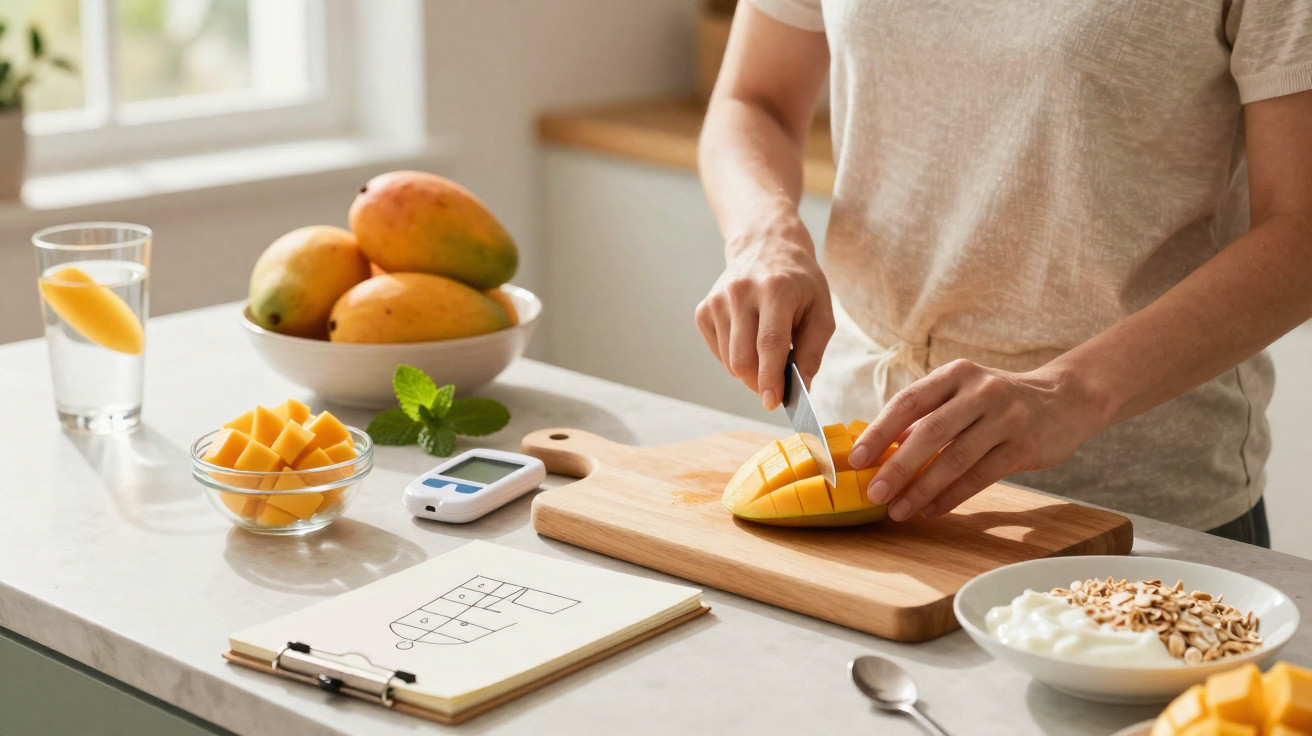 Pessoa a cortar manga numa tábua de cozinha, com copo de água e aparelho de medição numa bancada.