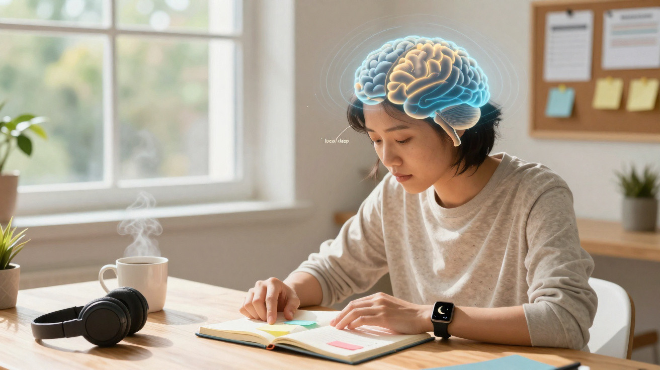 Mulher a estudar numa mesa com ilustração digital do cérebro em destaque acima da cabeça.