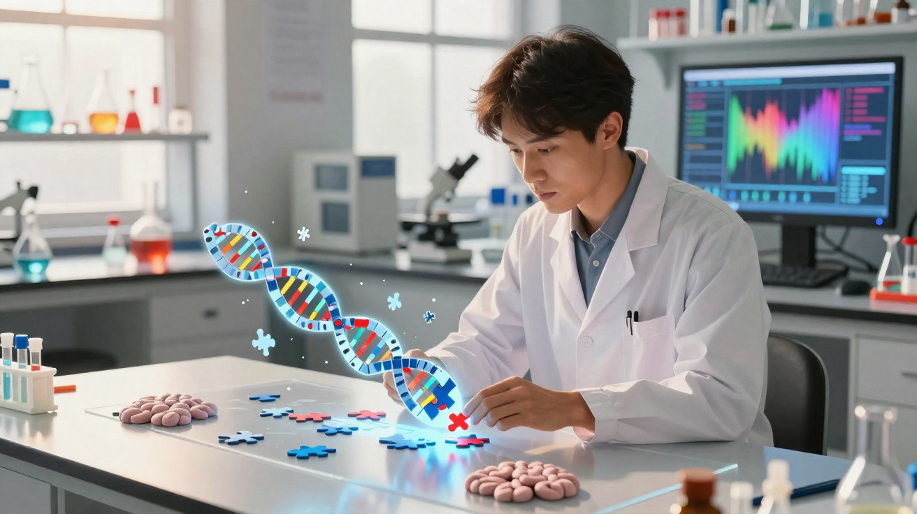 Cientista a montar um puzzle de ADN holográfico numa mesa de laboratório com modelos de cérebro.