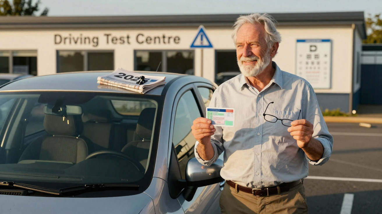 Homem idoso feliz mostra carta de condução junto a carro em centro de exames de condução.