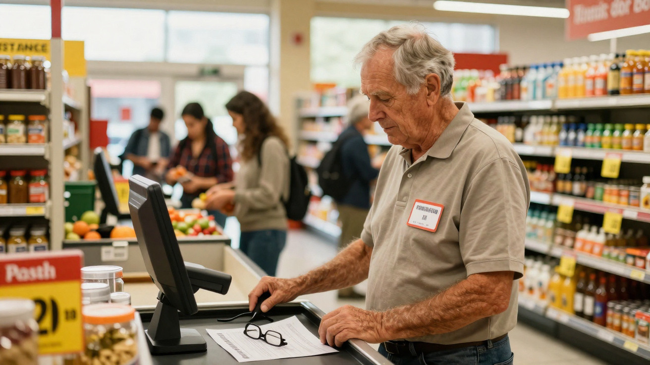 Idoso a trabalhar como caixa num supermercado, a consultar documentos com óculos na mão.