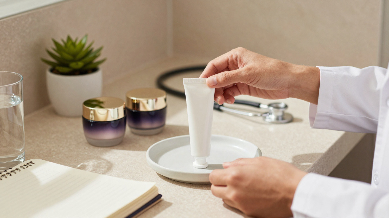 Mãos segurando tubo de creme sobre prato branco, com artigos de papelaria, vasos e estetoscópio na bancada.