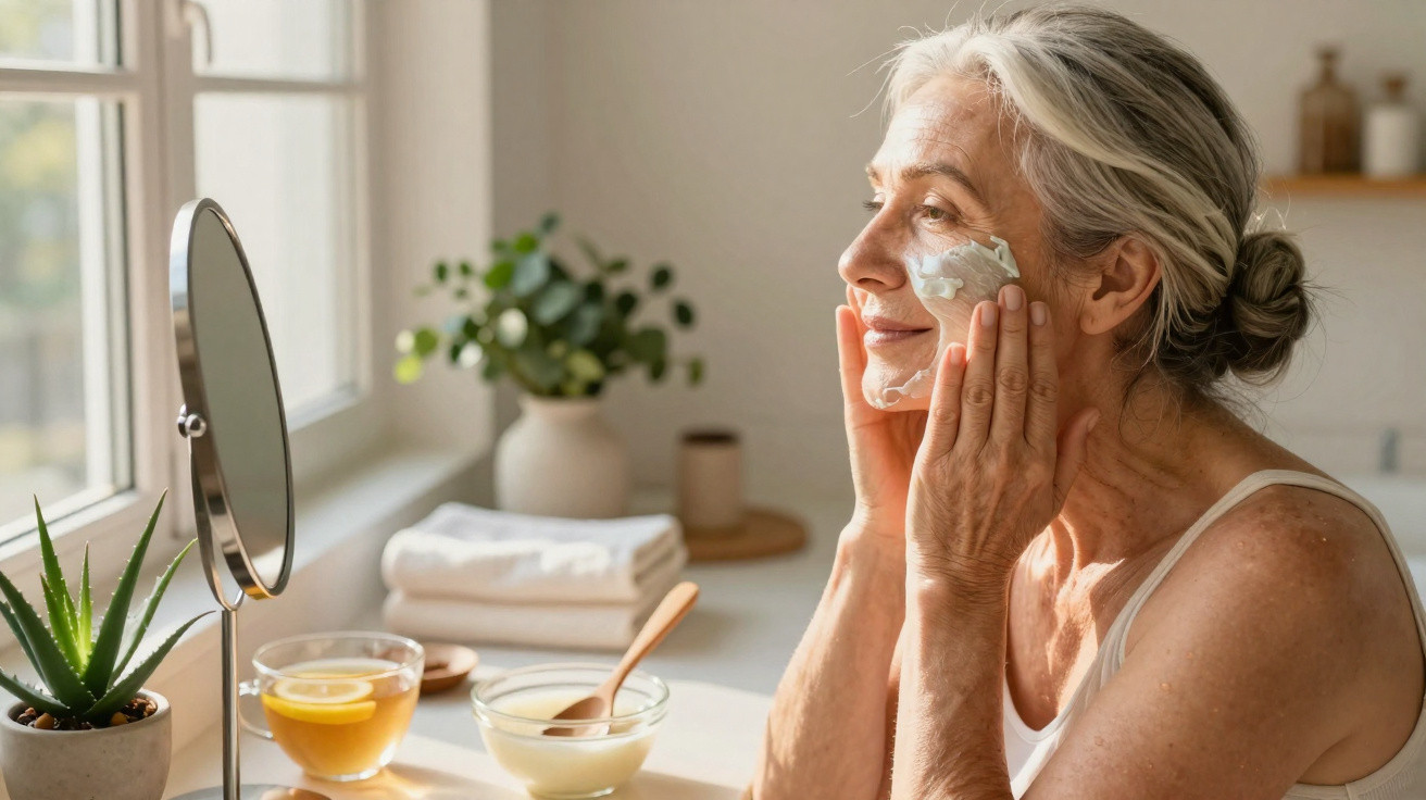 Mulher sénior aplica creme facial numa rotina de cuidados de pele junto a uma janela iluminada.